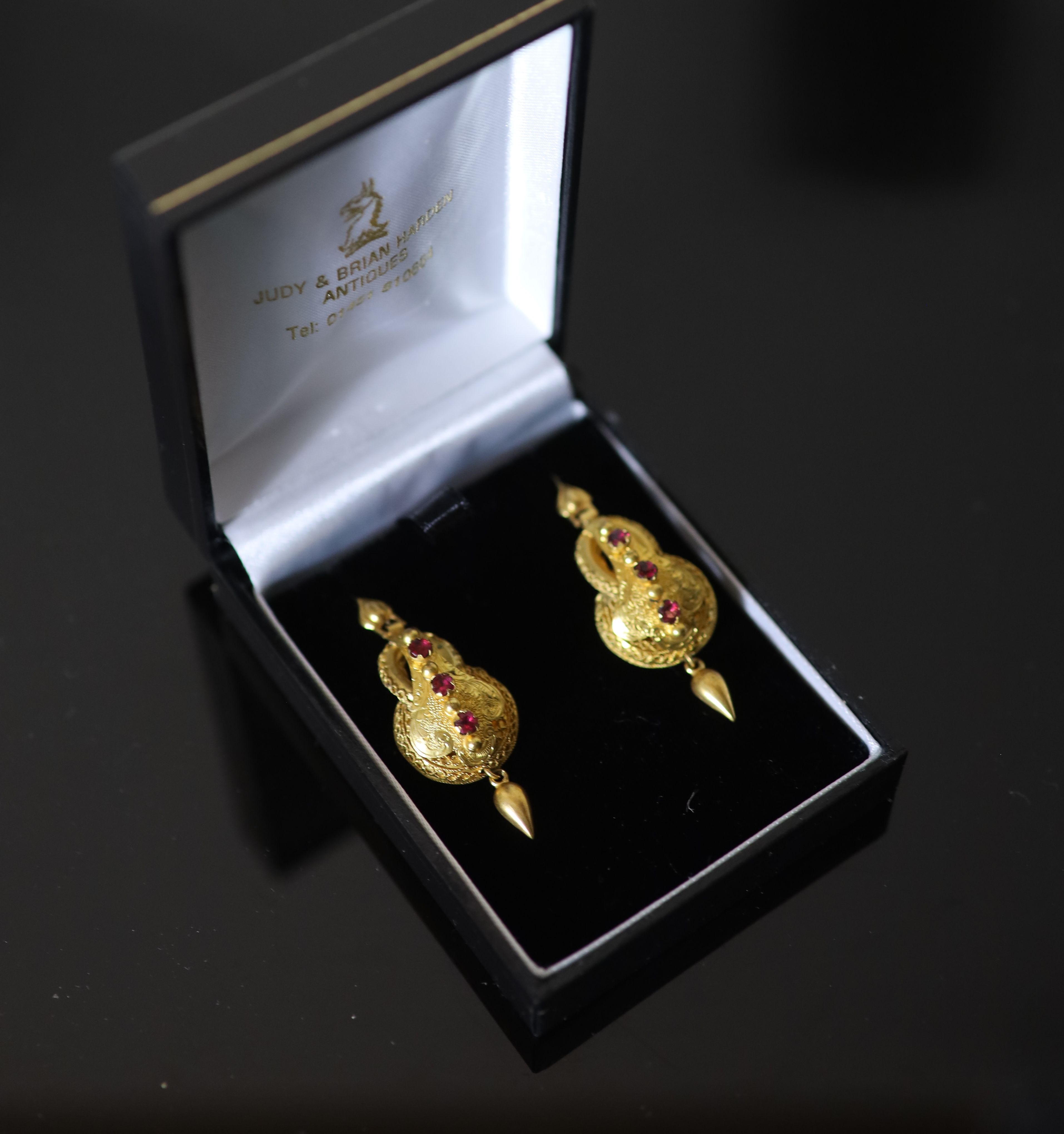 A pair of Victorian gold and pink stone set double gourd shaped drop earrings,